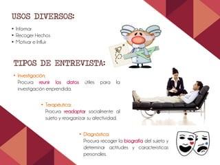 USOS DIVERSOS:
• Informar
• Recoger Hechos
• Motivar e Influir
TIPOS DE ENTREVISTA:
• Investigación:
Procura reunir los datos útiles para la
investigación emprendida.
• Terapéutica:
Procura readaptar socialmente al
sujeto y reorganizar su afectividad.
• Diagnóstica:
Procura recoger la biografía del sujeto y
determinar actitudes y características
personales.
 