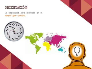 ORIENTACIÓN:
La capacidad para orientarse en el
tiempo, lugar y persona.
 