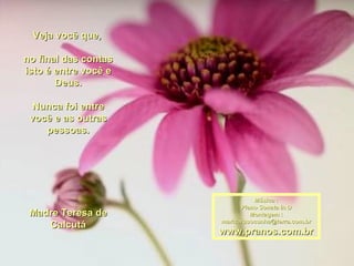 Veja você que,  no final das contas isto é entre você e Deus. Nunca foi entre você e as outras pessoas.   Madre Teresa de Calcutá Música : Piano Sonata In D Montagem : [email_address] www.pranos.com.br 