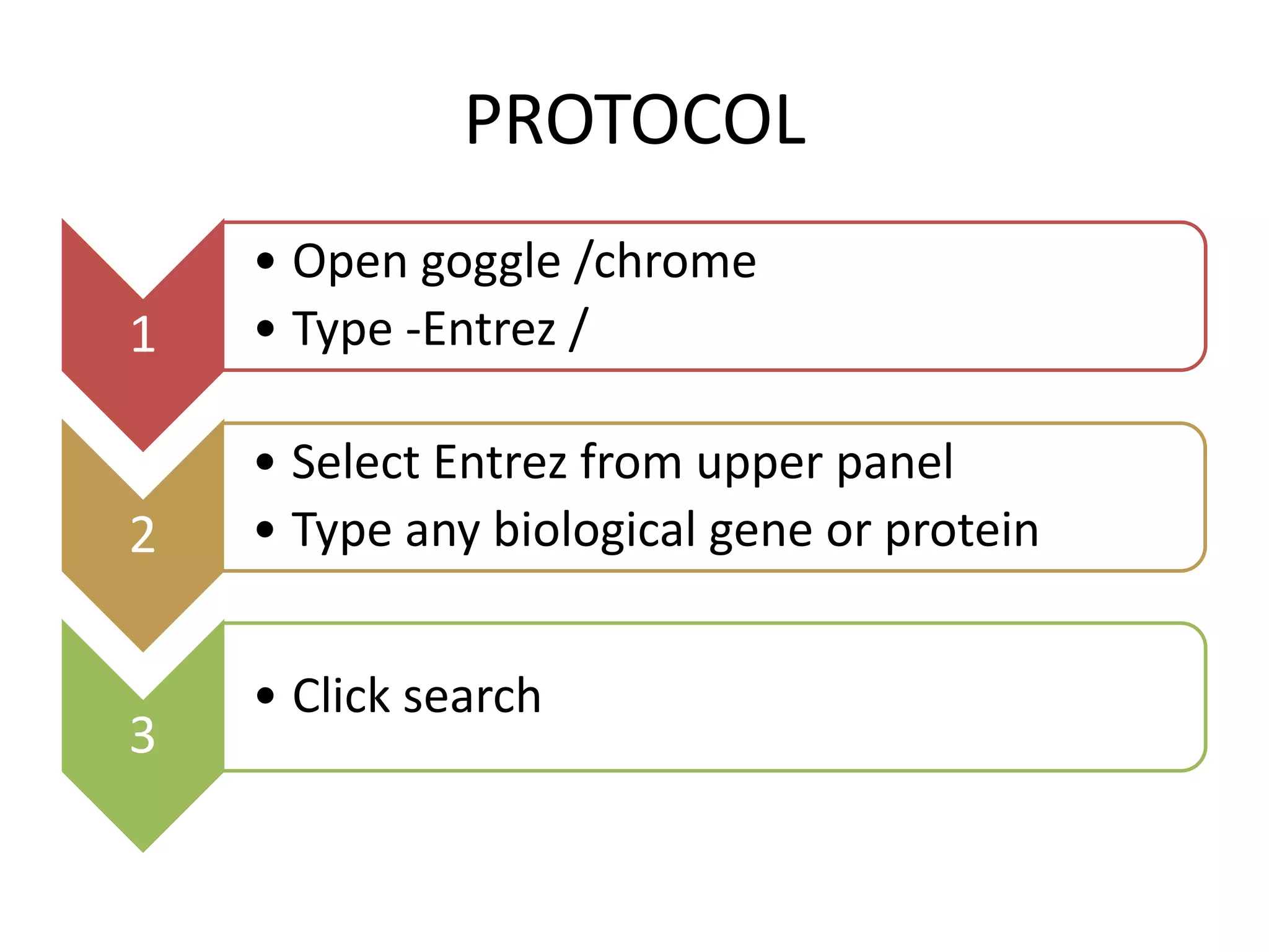 PROTOCOL
1
• Open goggle /chrome
• Type -Entrez /
2
• Select Entrez from upper panel
• Type any biological gene or protein
3
• Click search