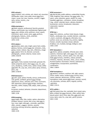 119
8701 volcanic j
noun eruption, rock, activity, ash, island, soil, mountain,
earthquake, crater, cone, peak, mount misc form,
major•, cause, hot, near, massive•, ancient•, trigger,
dark•, active•, recent•, •rise
2002 | 0.92 M
8708 entertainer n
adj black, popular, professional, favorite, greatest,
famous, well-known, top, multitalented, highest-paid
noun •year, athlete, artist, politician, music, award,
entertainer, sport, career, actor• verb •perform,
photograph•, feature•, stroll•, entertain
● performer, artiste, artist
1976 | 0.93
8715 nebula n
adj planetary, dark, solar, bright, spiral, faint, visible,
gaseous, famous, central noun star, emission•, crab•,
galaxy, cluster, nebula, ring•, veil•, reflection•, image
verb •appear, form, lie, discover, surround,
photograph•, contain, observe, reveal, name
2248 | 0.81 M
8722 muffin n
adj English, fresh, toasted, homemade, greased, full,
sweet, prepared, warm, clean noun •cup, •tin, •pan,
corn•, blueberry•, muffin, bran•, batter, bread, coffee
verb bake, fill, •cup, eat•, serve, place, spray, remove•,
pour•, top
2040 | 0.90 M
8729 demeanor n
adj calm, quiet, whole, friendly, serious, professional,
cool, gentle, confident, general noun change,
appearance, dress•, attitude, tone, smile, courtroom,
skill, expression, posture verb change, maintain•,
describe•, soften, display, hide, adopt•, belie, possess•,
•mask
● manner, conduct, behavior, character, deportment,
performance
1909 | 0.96
8736 tempting j
noun target, offer, fate, matter, option, alternative,
prospect, dessert, morsel, dish, array, cake misc it•,
too•, may, might, although•, •conclude, •speculate,
offer•, sound•, •suggest, •dismiss, •assume
● alluring, enticing, attractive, appealing, inviting,
seductive
1928 | 0.95
8743 announcer n
adj play-by-play, public-address, unidentified, female,
male, longtime, Iraqi, veteran, live noun radio•, TV•,
sport•, voice, television, game, •booth, Pa, news,
baseball• verb hear•, •introduce, •intone, broadcast,
ring•, •shout, •attempt, boom, •declare, decipher•
● presenter, anchor, broadcaster, telecaster,
newscaster, reporter
2001 | 0.91
8750 mar v
noun •fish, violence, •surface, hotel, beauty, image,
beach•, •landscape, race•, scandal, election, •mammal,
•resort, •racetrack, •lab misc by, otherwise, mar,
perfect, racial, Los, seriously, tiny, pristine, slightly,
forever, smooth, top-down, brown, delicate
● deface, ruin, mutilate, damage, disfigure, stain
1935 | 0.94
8757 absorption n
adj atomic, optical, complete, infrared, poor, total,
systemic, intestinal, light, solar noun •line, calcium,
•spectrum, shock•, nutrient, water, iron, rate, light,
body verb increase•, interfere•, reduce, prevent•,
enhance•, improve•, decrease•, slow•, •occur, inhibit•
● preoccupation, fascination, interest, captivation ||
amalgamation, incorporation, assimilation,
combination
2061 | 0.88 A
8764 hemisphere n
adj western, northern, southern, left, right, eastern,
entire, visible, native, cerebral noun country, brain,
nation, observer, democracy•, summer, winter,
hemisphere, trade, planet verb travel, •process, record,
•tilt, dominate•, activate, warm, migrate, confine,
•specialize
2002 | 0.91 A
8771 catfish n
adj fried, good, blue, fair, catchable, farm-raised, spicy,
giant, striped, live noun channel•, •fillet, catfish, bass,
pound, pond, •farm, trout, lake, fish• verb catch, eat,
serve, swim, cook, fry, •row, bait, •perch, process
2021 | 0.90
 