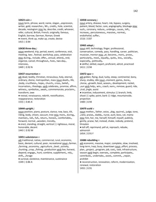 142
10423 coin v
noun term, phrase, word, name, slogan, •expression,
writer, gold, researcher•, Mr•, credit•, hole, scientist,
decade, neologism misc by, describe, credit, whoever,
refer, cultural, British, French, originally, famous,
English, borrow, German, Roman, Greek
● invent, think up, make up, create, devise
1415 | 0.94
10430 three-day j
noun weekend, trip, period, event, conference, visit,
meeting, two-, festival, workshop, pass, celebration
misc during•, include, offer•, annual, attend•, end,
organize, cancel, throughout•, host•, two-day•,
intensive•
1449 | 0.92 N
10437 resurrection n
adj dead, bodily, Christian, miraculous, holy, eternal,
ordinary, divine, metropolitan, mass noun death•, life,
•body, crucifixion•, hope•, church•, cross•, belief•,
incarnation•, theology• verb celebrate•, promise, affirm,
witness•, symbolize•, await•, commemorate, proclaim•,
transform, owe
● revival, renaissance, rebirth, revivification,
reappearance, restoration
1555 | 0.85 A
10444 upright j
noun position, piano, posture, stance, row, bass, tilt,
riding, body, citizen, vacuum, tree misc more•, during•,
maintain•, tall•, full•, return•, honest•, comfortable•,
forward, normal, •wooden, morally•
● erect, standing, straight, vertical || righteous, moral,
honorable, decent
1443 | 0.92 M
10451 subsistence n
adj traditional, native, commercial, rural, economic,
basic, deviant, cultural, poor, recreational noun •farmer,
•farming, •economy, •agriculture, •level, •activity,
•hunting, •crop, •fishing, •production verb live, harvest,
depend, engage•, hunt, combine, supplement•, rely•,
shift•, •forage
● survival, existence, maintenance, sustenance
1549 | 0.86 A
10458 coronary j
noun artery, disease, heart, risk, bypass, surgery,
patient, blood, factor, care, angiography, blockage misc
such•, coronary, reduce•, undergo•, cause•, left•,
increase•, percutaneous•, massive•, normal•,
endothelial, suffer•
1516 | 0.87
10465 adept j
noun skill, technology, finger, professional,
conversation, comedy, pass, handling, carver, politician,
musician, mentor misc •at, become•, more•, prove•,
particularly•, most•, equally•, quite•, less•, socially•,
especially•, politically•
● skillful, skilled, expert, proficient, adroit, practiced
1411 | 0.94
10472 spur n
adj golden, flying, dual, lucky, steep, continental, bony,
sharp, stubby, idle noun •moment, game•, bone•,
•horse, •growth, boot, season•, development, rocket,
•sun verb help•, win•, coach, earn•, remove, guard, ride,
•trail, jingle, assist
● incentive, inducement, stimulus || branch, limb,
shoot || spike, point, barb || ridge, mountainside,
projection
1400 | 0.94
10479 scold v
noun mother•, father, voice, •dog, squirrel•, judge, tone,
•ratio, praise•, daddy•, nurse, aunt, boss, cat, mama
misc him, her, me, herself, himself, myself, publicly,
gently, praise, fail, instead, shake, nobody, pretend,
threaten
● tell off, reprimand, yell at, reproach, rebuke,
admonish
1454 | 0.91 F
10486 rebuilding n
adj economic, massive, major, complete, slow, involved,
long-term, Iraqi, busy, downtown noun •effort, process,
plan, •project, •program, job, cost•, task, infrastructure,
season verb begin, oversee•, complete, participate•,
contribute•, undertake•, assist•, commit•, •repair,
prohibit
● reconstruction, renovation, reform, modernization,
renewal, restoration
1455 | 0.91
 