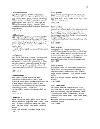 158
11620 incorporation n
adj cultural, indigenous, direct, Soviet, selective,
environmental, modern, effective, Baltic, subsequent
noun process, article•, •paper, •doctrine, •technology,
nitrogen, theory, •knowledge, organization, culture
verb recognize•, resist•, facilitate•, encourage•, aid•,
achieve, recommend•, propose•, promote•, obtain
● combination, amalgamation, integration, assimilation,
merger, fusion
1322 | 0.83 A
11627 deference n
adj great, judicial, legislative, due, traditional, certain,
proper, administrative, complete, exaggerated noun
court, respect, •agency, •authority, •decision, •Congress,
•interpretation, •wish, •tradition, degree• verb give,
show•, treat•, entitle•, accord, grant•, •state, demand•,
deserve•, bow•
● respect, esteem, regard, reverence, admiration, awe
1197 | 0.92 A
11634 purport v
noun study•, document•, message•, evidence, video•,
theory•, measure, instrument•, tape•, argument,
reality•, claim, •reader, myth, statute• misc to, show,
represent, measure, explain, offer, speak, describe,
reveal, prove, very, address, protect, religious, act
● claim, assert, allege, profess || intend, aim, mean,
plan
1185 | 0.93 A
11641 corroborate v
noun evidence, finding, •story, study, result,
information, witness, account, research, data,
•testimony, •claim, report, observation, statement misc
by, able, previous, independent, physical, tend,
independently, obtain, indicate, present, historical,
initial, additional, correct, concerning
● verify, validate, document, substantiate, back up,
support
1197 | 0.92 A
11648 stable n
adj INT, royal, stable, empty, warm, nearby, regular,
pleasant, equestrian noun horse, livery•, riding•, •artist,
barn, EXT•, blood•, shop, stable, owner• verb keep•,
clean•, ride, own•, convert, smell, board, trail, hurry,
•saddle
● stall, shed, stabling || team, gang, string, group
1184 | 0.92
11655 quicker j
noun response, recovery, pace, result, return, rate,
player, steering, reaction, turnaround, turn, release
misc •than, much•, much•, better, cheap, allow, •easy,
•less, a•, short, that•, easy
1160 | 0.94
11662 assertive j
noun woman, behavior, policy, role, response, control,
flavor, range, communication, personality, action,
treatment misc more•, become•, aggressive, less,
increasingly•, independent, •foreign, active•, sexually•,
strong•, mildly•, confident
● self-confident, self-assured, confident, firm, forceful,
emphatic
1186 | 0.92 A
11669 terrorize v
noun people, •city, •population, community,
•neighborhood, gang•, killer•, •civilian, •resident, town,
drug•, sniper•, village, •citizen, •enemy misc who, kill,
entire, serial, Iraqi, innocent, intimidate, civilian, stalk,
torture, armed, intend, rape, punish, brutalize
● terrify, frighten, scare, threaten, intimidate, bully
1157 | 0.94
11676 recurrent j
noun injury, theme, infection, disease, patient, history,
risk, problem, nerve, dream, pattern, episode misc
•laryngeal, prevent•, persistent, chronic•, develop•,
cause, present•, experience•, treat•, reduce•, severe,
suffer•
● recurring, regular, repeated, persistent, frequent,
periodic
1290 | 0.84 A
11683 connotation n
adj negative, different, positive, religious, sexual,
pejorative, political, strong, spiritual, cultural noun
term, word, meaning, language, denotation, •image,
•context, phrase, •usage, title verb carry•, acquire•,
•associate, avoid•, refer, •attach, •imply, retain•, reject•,
reinforce
● meaning, implication, suggestion, association,
undertone, subtext
1244 | 0.88 A
 