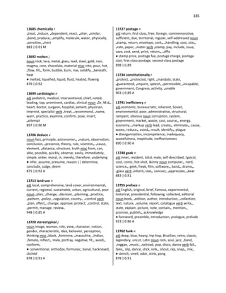185
13685 chemically r
•treat, •induce, •dependent, react, •alter, •similar,
•bond, produce, •amplify, molecule, water, physically,
•sensitive, •inert
883 | 0.91 M
13692 molten j
noun rock, lava, metal, glass, lead, steel, gold, iron,
magma, core, chocolate, material misc into, pour, hot,
•flow, fill•, form, bubble, burn, rise, solidify, •beneath,
heat
● melted, liquefied, liquid, fluid, heated, flowing
879 | 0.92
13699 cardiologist n
adj pediatric, medical, interventional, chief, noted,
leading, top, prominent, cardiac, clinical noun •Dr, M.d•,
heart, doctor, surgeon, hospital, patient, physician,
internist, specialist verb •treat, •recommend, •name,
warn, practice, examine, confirm, pose, insert,
•attempt
897 | 0.90 M
13706 deduce v
noun fact, principle, astronomer•, •nature, observation,
conclusion, •presence, theory, rule, scientist•, •cause,
element, •distance, structure, truth misc from, can,
able, possible, quickly, observe, easily, immediately,
simple, order, moral, in, merely, therefore, underlying
● infer, assume, presume, reason || determine,
conclude, judge, deem
875 | 0.92 A
13713 land-use n
adj local, comprehensive, land-cover, environmental,
current, regional, sustainable, urban, agricultural, poor
noun •plan, •change, •decision, •planning, •practice,
•pattern, •policy, •regulation, county•, •control verb
•plan, affect•, change, approve, protect, •control, state,
•permit, manage, review•
948 | 0.85 A
13720 stereotypical j
noun image, woman, role, view, character, notion,
gender, characteristic, idea, behavior, perception,
thinking misc •black, •feminine, •masculine, •Indian,
•female, reflect•, male, portray, negative, fit•, avoid•,
conform•
● conventional, orthodox, formulaic, banal, hackneyed,
clichéd
878 | 0.91 A
13727 postage n
adj return, first-class, free, foreign, commemorative,
sufficient, due, territorial, regular, self-addressed noun
•stamp, return, envelope, cent•, •handling, cost, size•,
•rate, paper, •meter verb •stamp, pay, include, issue,
save, cost, send, print, return•, •affix
● stamp price, postage fee, postage charge, postage
cost, first-class postage, second-class postage
898 | 0.89
13734 constitutionally r
•protect, •protected, right, •mandate, state,
•guaranteed, •require, speech, •permissible, •incapable,
government, Congress, activity, •unable
903 | 0.89 A
13741 inefficiency n
adj economic, bureaucratic, inherent, Soviet,
environmental, poor, administrative, structural,
rampant, obvious noun corruption, system,
government, market, waste, cost, source•, energy,
economy, •markup verb lead, create•, eliminate•, cause,
waste, reduce•, avoid•, result, identify•, plague
● disorganization, incompetence, inadequacy,
wastefulness, ineptitude, ineffectiveness
890 | 0.90 A
13748 geek n
adj inner, resident, total, male, self-described, typical,
cool, comic, hot-shot, skinny noun computer•, nerd,
science•, geek, freak, film, software•, band•, drama•,
•glass verb •inherit, stat•, concoct, •appreciate, •bear
883 | 0.91
13755 preface n
adj English, original, brief, famous, experimental,
historical, presidential, following, collected, editorial
noun book, •edition, author, introduction, •collection,
text, nature, •volume, report, catalogue verb write•,
state, explain, picture, note, contain•, mention•,
promise, publish•, acknowledge
● foreword, preamble, introduction, prologue, prelude
933 | 0.86 A
13762 funk n
adj deep, blue, heavy, hip-hop, Brazilian, retro, classic,
legendary, uncut, Latin noun rock, soul, jazz, •band,
•reggae, •music, •railroad, pop, disco, dance verb fall•,
fake•, slip, dance, stick, sink•, shout, rap, snap•, mix•
● stench, smell, odor, stink, pong
878 | 0.91
 