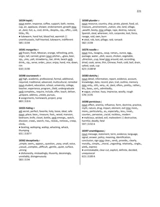 221
16534 tepid j
noun water, response, coffee, support, bath, review,
cup, air, applause, shower, endorsement, growth misc
at, •best, hot, a•, cool, drink•, despite•, sip•, offer•, cold,
little•, fill•
● lukewarm, hand hot, blood hot, warmish ||
unenthusiastic, half-hearted, lukewarm, indifferent
585 | 0.94
16541 margarita n
adj frozen, fresh, Mexican, orange, refreshing, pink,
virgin, tall, canned, green noun pitcher•, •glass, beer,
sip•, •mix, •salt, strawberry•, bar, drink, beach verb
drink•, sip•, serve, order•, pour, enjoy, hand, mix, down,
rim
610 | 0.90
16548 coursework n
adj high, academic, professional, formal, additional,
required, traditional, advanced, multicultural, remedial
noun student, education, school, university, college,
teacher, experience, program, •field, undergraduate
verb complete•, require, include, offer, teach, deliver,
•prepare, address, •relate, pursue•
● assignments, homework, project, prep
683 | 0.8 A
16555 hiding n
adj secret, perfect, favorite, holy, loose, ideal, safe
noun •place, bear•, treasure, foot•, wood, mansion,
bedroom, knife, closet, bottle• verb emerge•, watch,
discover, crawl•, search, rise•, reveal•, remove•, creep,
climb•
● beating, walloping, wallop, whacking, whack,
thumping
631 | 0.87 F
16562 deceptively r
•simple, seem•, appear•, question, •easy, small, voice,
•casual, •complex, •difficult, •gentle, •quiet, surface,
•strong
● dishonestly, misleadingly, illusorily, deceivingly,
unreliably, disingenuously
583 | 0.94
16569 plunder v
noun resource, country, ship, pirate, planet, food, oil,
treasure, •environment, •nation, site, land, village,
•wealth, booty• misc pillage, rape, destroy, natural,
Spanish, steal, wherever, rich, corporate, loot, force,
ravage, raid, own, burn
● steal, rob, loot, pillage, raid, ransack
582 | 0.94
16576 noodle v
noun rice•, lasagna•, soup, raman•, ounce, egg•,
package, water, •dish, sauce, chicken, vegetable,
•direction, •cup, bowl misc around, eat, according,
dried, cook, serve, thin, Chinese, fresh, cold, boil, drain,
salted, soak, cup
623 | 0.88 M
16583 sketchy j
noun detail, information, report, evidence, account,
knowledge, data, record, plan, trail, outline, memory
misc only•, still•, very•, at, •best, often•, pretty•, rather•,
bit•, base•, sort•, admittedly•
● vague, unclear, hazy, imprecise, woolly, rough
578 | 0.95
16590 pernicious j
noun effect, anemia, influence, form, doctrine, practice,
myth, nature, drug, impact, element, evil misc most•,
more•, particularly•, as•, especially•, less•, treat•,
counter•, pervasive, •racial, reckless•, modern
● malicious, wicked, evil, malevolent || destructive,
harmful, deadly, fatal
597 | 0.92 A
16597 unambiguous j
noun message, statement, term, evidence, language,
signal, answer, policy, meaning, identification,
conclusion, sign misc clear•, send•, provide•, clearly,
morally•, simple•, •moral, •regarding, relatively•, single•,
yield•, express
● unmistakable, clear-cut, explicit, definite, decided,
unequivocal
615 | 0.89 A
 