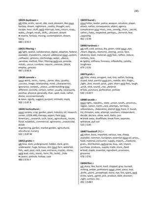 245
18424 daydream n
adj little, erotic, secret, idle, vivid, pleasant, like noun
fantasy, dream, nightmare, •reality, thought, sort,
escape, hour, stuff• verb interrupt, lose•, return, snap•,
wake•, •forget, recall•, drift•, •discover, dream
● reverie, fantasy, musing, contemplation, dream,
fancy
480 | 0.91 F
18431 filtering n
adj light, spatial, collaborative, digital, adaptive, federal,
available, myoelectric, natural, additional noun •system,
•software, •process, •technology, water, •device,
•window, method, filter, filtering verb use, provide,
install•, •occur, combine, require, •remove, •block,
employ, •process
487 | 0.90 A
18438 connote v
noun word•, term•, name•, •sense, idea, •quality,
•success, image, relationship, mind, •characteristic,
ignorance, context•, •status, •understanding misc
different, connote, certain, rather, usually, necessarily,
positive, physical, generally, than, spell, male, rather,
divine, unconventionally
● mean, signify, suggest, purport, intimate, imply
502 | 0.87 A
18445 horticultural j
noun society, crop, garden, plant, industry, oil, research,
center, USDA-ARS, therapy, expert, field misc
American•, •research, such, local•, agricultural•, locate,
floral, establish•, commercial, agronomic, •insecticidal,
divide
● gardening, garden, market garden, agricultural,
viticultural, nursery
502 | 0.87 M
18452 grotto n
adj blue, dark, underground, hidden, dank, grim,
underwater, huge, famous, dim noun fern, waterfall,
fish•, wall, pool, rock, cave, entrance, crystal•, stone•
verb lead, visit•, stand•, form, fill•, build•, •hide
● cavern, pothole, hollow, cave
480 | 0.91 F
18459 feared j
noun hitter, leader, police, weapon, situation, player,
attack, nation, consequence, object, agency,
complication misc most•, one•, among•, than•, •secret,
rather•, hate•, respected, perhaps•, •terrorist, fear,
•opposing
462 | 0.94
18466 hardness n
adj soft, cold, various, dry, green, total noun •eye,
•heart, degree•, diamond, •testing, •voice, face,
alkalinity, level, material• verb feel•, soften, reduce,
contain•, test•
● rigidity, stiffness, firmness, inflexibility, solidity,
toughness
479 | 0.91
18473 prick n
adj little, sharp, arrogant, real, tiny, selfish, fucking,
stupid, total, painful noun pin•, needle, skin, finger•,
•light, •test, mouth, prick, •pain, thorn verb feel•, laugh,
•prick, stick, sound, •rise, •deserve
● hole, puncture, perforation, pinhole
532 | 0.82 F
18480 secede v
noun right•, republic•, state, •union, south•, province•,
region, nation, north, •rest, attempt•, territory,
referendum•, •federation, district misc from, if, Soviet,
try, threaten, vote, attempt, southern, independent,
decide, declare, allow, wish, Baltic, join
● break away, disaffiliate, break from, separate,
withdraw, pull out
510 | 0.85
18487 foodstuff [PL] n
adj other, basic, imported, various, raw, cheap,
available, common, European, essential noun oil, price•,
food, material, consumer, supply, import•, •medicine,
grain•, distribution• verb grow, buy•, sell, import,
purchase, produce•, supply, trade, store, •feed
● food, staple, essential, ingredient, provisions,
groceries
478 | 0.91
18494 flint n
adj sharp, like, burnt, hard, chipped, gray, burned,
striking, amber, prehistoric noun •steel, piece, tool,
•knife, •point, •arrowhead, stone, eye, fire, spark• verb
strike, spark, •ignite, pick, produce, date, discover,
•light, contain, dry
491 | 0.88 F
 