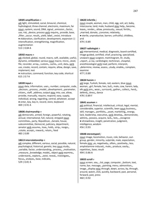 247
18585 amplification n
adj light, stimulated, social, binaural, chemical,
hydrological, three-channel, electronic, maximum, far
noun •system, sound, DNA, signal, •emission, •factor,
use, risk, •device, process verb require•, provide, base,
•filter, •occur, result•, yield, label, •resist, introduce
● elaboration, clarification, development, expansion ||
intensification, strengthening, magnification,
augmentation
513 | 0.84 A
18592 macro n
adj clocked, global, round, macro, soft, available, useful,
dynamic, embedded, various noun macro, micro, •level,
file, recorder, array•, custom•, cache•, unit, data• verb
use, create, record, contain, require, allow, design, save,
implement, test
● instruction, command, function, key code, shortcut
615 | 0.7 A
18599 input v
noun data, information, user•, number, computer, code,
•decision, •process, •model, •development, •parameter,
citizen•, staff, •address, output misc into, use, allow,
provide, manually, require, respond, easy, supply,
individual, wrong, regarding, central, whatever, accept
● enter, key, key in, record, store, keyboard
469 | 0.91 A
18606 chairmanship n
adj democratic, armed, foreign, powerful, rotating,
annual, international, full, natural, stripped noun
committee•, party, Republican, •Senate, house,
subcommittee, Democrat, judiciary, department,
senator verb assume•, lose•, hold•, strip•, resign•,
•rotate, accept•, reward•, retain•, feed
483 | 0.89
18613 interrelationship n
adj complex, different, various, social, possible, natural,
psychological, historical, genetic, key noun study•,
•variable, factor, understanding•, process•, •motivation,
•measure, •knowledge, model•, object verb examine•,
understand•, explore•, •exist, reveal•, investigate•,
focus•, analyze•, base, indicate•
529 | 0.81 A
18620 infertile j
noun couple, woman, man, child, egg, soil, act, baby,
intercourse, land, male, husband misc help•, become,
leave•, render•, allow, previously•, sexual, fertile•,
•married, donate, •conceive, relatively•
● sterile, unproductive, barren, unfruitful, childless,
arid
479 | 0.89
18627 radiologist n
adj interventional, medical, diagnostic, board-certified,
image-guided, certified, chief, practicing, specialized,
unaware noun surgeon, mammogram, Dr, study,
•report, •x-ray, cardiologist, technician, •hospital,
anesthesiologist verb read, perform, interpret,
•determine, review, assess, •study, enable•, complain,
examine
477 | 0.89
18634 harem n
adj large, Turkish, female, red, eastern, blue noun
woman, •girl, female, hen, bull•, male, cow, harem, lady,
elk verb join•, wear•, surround•, gather•, collect•, herd•,
defend•, dress•, dance
478 | 0.89 F
18641 acumen n
adj political, financial, intellectual, critical, legal, mental,
considerable, superior, scientific, keen noun business•,
skill, manager•, portfolio•, •asset, marketing•, energy,
lack, leadership, executive• verb develop•, demonstrate,
admire•, possess, acquire, lack•, test•, •recognize
● shrewdness, insight, penetration, judgment,
intelligence, wisdom
456 | 0.93
18648 stereotyped j
noun image, locomotion, music, role, behavior, out-
group, gender, minority, sulpiride, male, expectation,
female misc •as, negatively•, often•, positively•, less,
amphetamine-induced•, male•, produce, easily•,
repetitive•, base, result
494 | 0.86 A
18655 scroll v
noun screen, sea•, •list, page, computer, •bottom, text,
name, bar, message, •painting, menu, admonition•,
image, •display misc through, down, across, by, through,
around, watch, click, quickly, backward, past, personal,
forward, past, press
460 | 0.92
 