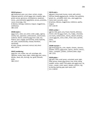 266
20153 laziness n
adj intellectual, poor, just, sheer, certain, simple,
supposed, general, current noun •lack, stupidity, sign•,
greed, excuse, ignorance, incompetence, weakness,
sense•, •procrastination verb blame, accuse•, promote•,
cause, encourage•, fear
● idleness, lethargy, indolence, languor, sluggishness,
slothfulness
380 | 0.93
20160 enjoin v
noun court•, state, use, action, order, judge•, agency,
activity, law, •operation, •enforcement, •construction,
audience, district, authority misc from, seek, any,
federal, upon, engage, permanently, avoid, explicitly,
eat, state, constitutionally, instead, therefore,
specifically
● order, charge, command, instruct, bid, direct
406 | 0.87 A
20167 smoldering j
noun fire, ruin, ember, eye, ash, wreckage, pile,
cigarette, smoke, heap, anger, rubble misc over, stare•,
beside•, dead, still•, burning, rise, ignite, beneath,
poke•
388 | 0.91 F
20174 sloth n
adj giant, three-toed, human, moral, wild, extinct,
spiritual, deadly noun ground•, monkey, tree, gluttony,
greed, sin•, •armadillo, sloth, lust•, •bear verb envy,
name, exist, succumb, •voice
● laziness, idleness, sluggishness, indolence, apathy,
languor
437 | 0.81 M
20181 sundae n
adj hot, little, giant, very, frozen, favorite, delicious,
French, soft, fat noun cream•, ice•, fudge•, chocolate,
ice-cream•, butterscotch•, cherry•, dessert, brownie•,
•sauce verb eat•, serve, order•, finish, stare, sprinkle,
share•
394 | 0.89
20188 naysayer n
adj wrong noun lot•, critic, skeptic, climate•, alarmist•,
doubter, chorus• verb prove•, ignore•, dismiss, silence•,
listen•, •complain, •predict, •contend, deter, argue
387 | 0.91
20195 glade n
adj open, little, small, green, untracked, quiet, tight,
deep, grassy, empty noun forest, tree, chute, skiing,
powder, center, aspen, trail, glade, pine verb cross•, lie,
enter•, •carpet, •mark, space•, deepen, venture, ring
● clearing, opening, gap, open space, dell
411 | 0.86 M
 