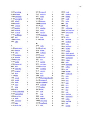 289
19292 unwitting j
18144 unwrap v
17948 unyielding j
10493 upbringing n
5425 uphold v
10444 upright j
7882 uprising n
11074 upstate j
20097 upswing n
7945 uranium n
10136 usefulness n
1827 user n
11886 utopian j
6986 utter v
V
11424 vaccination n
16821 vagaries n
6034 valve n
14700 vandalism n
1876 variable n
12460 vascular j
10374 vector n
11165 vegetarian n
5082 vein n
10381 venerable j
19075 vengeful j
7742 vent n
11270 vent v
5460 venue n
4081 verbal j
6741 verge n
5516 verse n
105 very r
18291 vest v
12306 vice-president n
10738 victimization n
11865 victorious j
1113 video n
6167 viewpoint n
10003 vigor n
19131 vindictive j
10143 vineyard n
7959 violently r
6762 violin n
10871 viral j
12768 virtuous j
10668 visitation n
14427 visor n
8918 visualize v
9569 vividly r
8701 volcanic j
18501 voluptuous j
8239 vow n
11599 vulgar j
W
1778 wake v
11368 wake-up n
9268 walker n
9996 walkway n
10269 wane v
14322 wanting j
350 war n
9548 warden n
8071 wardrobe n
18186 warming j
9807 warranty n
3640 warrior n
6090 wary j
5908 wash n
16177 Washington-based j
15232 wasteland n
13839 wastewater n
8246 waterfall n
10836 watery j
14259 wavy j
7357 wax n
84 way n
2086 weak j
4536 weaken v
18095 weakening j
13272 weathered j
9779 wed v
10318 weed v
1197 weekend n
3248 weekly j
2527 weigh v
3731 weird j
644 well i
14406 well v
4592 well-being n
15386 well-educated j
16359 well-trained j
665 west n
19768 wham u
777 whatever d
322 whether c
10297 whim n
16674 whirlpool n
18102 whisky n
15596 whittle v
19313 whole-wheat j
16345 wholeheartedly r
13293 wholesome j
12033 wicker n
6230 wide r
11550 wildflower n
1281 willing j
18914 wily j
12404 windfall n
14714 windowsill n
1456 wine n
1904 wing n
16919 wing v
11571 wink n
8043 wink v
2737 wipe v
3262 wise j
3612 wish n
16289 wistfully r
4172 withdrawal n
4900 within r
16380 woefully r
19761 wok n
791 wonder v
 
