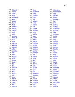 299
6888 translator
6909 coconut
6923 dating
6930 syrup
6944 paperwork
6972 gossip
7000 twilight
7007 princess
7035 float
7042 instability
7056 tornado
7063 nucleus
7070 comic
7077 sedan
7091 overview
7105 follow-up
7126 chat
7133 dune
7154 staircase
7175 gratitude
7182 disparity
7196 selling
7203 allocation
7217 awe
7231 scout
7238 antenna
7252 behalf
7280 cockpit
7287 knight
7301 feat
7308 hay
7315 probation
7322 pirate
7336 pearl
7343 allergy
7357 wax
7364 shovel
7371 freezer
7378 adversary
7392 diaper
7399 glue
7406 mankind
7420 shack
7441 entitlement
7448 ginger
7455 openness
7483 foliage
7497 raft
7511 cathedral
7525 keeper
7532 reverse
7553 saw
7560 rainbow
7581 distributor
7588 prose
7602 catcher
7609 layout
7616 rancher
7637 morale
7651 diversion
7658 comedian
7665 preview
7686 discretion
7693 maneuver
7707 blueprint
7735 playwright
7742 vent
7756 loading
7770 affect
7812 plum
7826 lust
7833 depiction
7861 outing
7882 uprising
7889 saga
7896 flake
7910 degradation
7917 adulthood
7931 loft
7945 uranium
7966 landowner
7987 computing
7994 knob
8001 nickel
8008 dependency
8015 chemotherapy
8029 jersey
8057 outreach
8064 catalyst
8071 wardrobe
8085 hen
8092 pinch
8113 dropout
8127 flooding
8155 prostitution
8176 pharmacy
8211 slate
8218 relaxation
8225 tortilla
8232 bakery
8239 vow
8246 waterfall
8260 mustache
8267 cadet
8302 swimmer
8309 liberalism
8316 low
8323 sculptor
8330 grove
8344 porcelain
8351 scanner
8372 colon
8386 burner
8400 creditor
8414 plasma
8442 pilgrimage
8456 thyme
8463 microscope
8477 best-seller
8498 plateau
8505 slaughter
8519 citation
8533 eternity
8540 compression
8561 crane
8568 jeopardy
 
