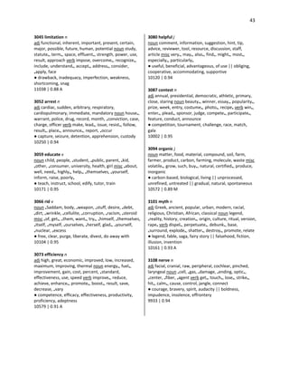 43
3045 limitation n
adj functional, inherent, important, present, certain,
major, possible, future, human, potential noun study,
statute•, term•, space, effluent•, strength, power, use,
result, approach verb impose, overcome•, recognize•,
include, understand•, accept•, address•, consider,
•apply, face
● drawback, inadequacy, imperfection, weakness,
shortcoming, snag
11038 | 0.88 A
3052 arrest n
adj cardiac, sudden, arbitrary, respiratory,
cardiopulmonary, immediate, mandatory noun house•,
warrant, police, drug, record, month, •conviction, case,
charge, officer verb make, lead•, issue, resist•, follow,
result•, place•, announce•, report, •occur
● capture, seizure, detention, apprehension, custody
10250 | 0.94
3059 educate v
noun child, people, •student, •public, parent, •kid,
•other, •consumer, university, health, girl misc •about,
well, need•, highly•, help•, •themselves, •yourself,
inform, raise, poorly•
● teach, instruct, school, edify, tutor, train
10171 | 0.95
3066 rid v
noun •Saddam, body, •weapon, •stuff, desire, •debt,
•dirt, •wrinkle, •cellulite, •corruption, •racism, •steroid
misc •of, get•, •them, want•, try•, •himself, •themselves,
•itself, •myself, •ourselves, •herself, glad•, •yourself,
•nuclear, •excess
● free, clear, purge, liberate, divest, do away with
10104 | 0.95
3073 efficiency n
adj high, great, economic, improved, low, increased,
maximum, improving, thermal noun energy•, fuel•,
improvement, gain, cost, percent, •standard,
effectiveness, use, speed verb improve•, reduce,
achieve, enhance•, promote•, boost•, result, save,
decrease, •vary
● competence, efficacy, effectiveness, productivity,
proficiency, adeptness
10579 | 0.91 A
3080 helpful j
noun comment, information, suggestion, hint, tip,
advice, reviewer, tool, resource, discussion, staff,
article misc very•, may•, also•, find•, might•, most•,
especially•, particularly•
● useful, beneficial, advantageous, of use || obliging,
cooperative, accommodating, supportive
10120 | 0.94
3087 contest n
adj annual, presidential, democratic, athletic, primary,
close, staring noun beauty•, winner, essay•, popularity•,
prize, week, entry, costume•, photo•, recipe• verb win•,
enter•, plead•, sponsor, judge, compete•, participate•,
feature, conduct, announce
● competition, tournament, challenge, race, match,
gala
10002 | 0.95
3094 organic j
noun matter, food, material, compound, soil, farm,
farmer, product, carbon, farming, molecule, waste misc
volatile•, grow, such, buy•, natural, certified•, produce,
inorganic
● carbon-based, biological, living || unprocessed,
unrefined, untreated || gradual, natural, spontaneous
10572 | 0.89 M
3101 myth n
adj Greek, ancient, popular, urban, modern, racial,
religious, Christian, African, classical noun legend,
•reality, history, creation•, origin, culture, ritual, version,
rape• verb dispel•, perpetuate•, debunk•, base,
•surround, explode•, shatter•, destroy•, promote, relate
● legend, fable, saga, fairy story || falsehood, fiction,
illusion, invention
10161 | 0.93 A
3108 nerve n
adj facial, cranial, raw, peripheral, cochlear, pinched,
laryngeal noun •cell, •gas, •damage, •ending, optic•,
•center, •fiber, •agent verb get•, touch•, lose•, strike•,
hit•, calm•, cause, control, jangle, connect
● courage, bravery, spirit, audacity || boldness,
impudence, insolence, effrontery
9933 | 0.94
 