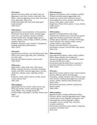 52
3717 towel n
adj clean, wet, damp, white, hot, folded, cold, cool
noun paper•, hand, dish•, kitchen•, head, bath•, face,
beach•, •rack, hair verb wrap, throw•, place, dry, cover•,
hang, •wipe, grab•, drape, drop•
● cloth, bath towel, bath sheet, hand towel, guest
towel, tea towel
7978 | 0.91 F
3724 conduct n
adj professional, sexual, disorderly, criminal, personal,
homosexual, moral, ethical, human, improper noun
code•, rule•, •war, standard•, •disorder, •problem,
president, policy, kind•, law verb engage•, govern•,
involve, regulate•, violate, charge•, condemn•, prohibit,
establish•, determine
● behavior, demeanor, ways, manner || management,
handling, organization, administration
7821 | 0.92 A
3731 weird j
noun thing, way, stuff, guy, sort, kid, feeling, place, idea,
sound, noise, science misc really•, feel•, something•,
too, little•, kind•
● strange, odd, bizarre, peculiar, uncanny, eerie
7709 | 0.93 F
3738 survey v
noun student, •scene, study, area, •room, group,
teacher, •damage, American•, university•, •landscape,
analyst•, land, field, researcher misc •report, recently•,
•determine, •indicate, nearly, •regarding, conduct,
briefly
● examine, review, study || look at, consider, peruse
|| plot, map out, chart
7556 | 0.95
3745 intelligent j
noun design, life, man, woman, system, person, eye,
being, way, decision, species, machine misc very•,
more•, highly•, most•, •enough, young, less•
● brainy, bright, smart, gifted || sensible, rational, wise,
logical
7373 | 0.97
3752 enthusiasm n
adj great, full, infectious, initial, contagious, youthful,
renewed, unbridled, popular noun energy, lack•,
student, lot•, interest, level, excitement, project,
passion verb share•, show•, dampen•, generate, lose•,
express•, curb•, greet•, •wane, inspire
● eagerness, interest, fervor, passion || craze, interest,
hobby, passion
7368 | 0.97
3759 mandate n
adj federal, unfunded, British, clear, broad,
congressional, individual, local, constitutional, popular
noun state, employer•, government, law, nation,
•change, agency, legislation, •coverage, election verb
require, provide, carry, impose, comply•, receive,
•protect, enforce, •reduce, fulfill•
● order, command, directive || permission,
authorization, consent || term of office, reign, tenure
7704 | 0.92
3766 mechanical j
noun engineering, engineer, system, device, problem,
failure, design, property, arm, energy, part,
reproduction misc electrical, •such, electronic, cause,
chemical, thermal, than, rather
● motorized, powered, power-driven, automatic ||
automatic, perfunctory, involuntary, unconscious
7835 | 0.90 A
3773 trait n
adj common, certain, positive, human, cultural, genetic,
personal, different, specific, desirable noun
personality•, •anxiety, character•, gene, measure, value,
scale, behavior, individual, plant verb share, associate,
possess•, exhibit•, identify, inherit, develop, pass,
define, reflect
● mannerism, peculiarity, attribute, characteristic,
feature, quality
7980 | 0.89 A
3780 corruption n
adj political, public, rampant, widespread, military,
economic, official, corporate noun government, charge,
•scandal, police, crime, allegation, investigation, case,
mismanagement, violence verb fight•, expose•,
investigate•, accuse•, involve, root•, end•, face•,
•threaten, undermine
● dishonesty, exploitation, sleaze, bribery || depravity,
perversion, immorality, harm
7518 | 0.94
 