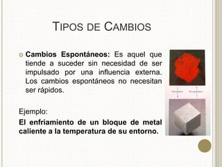 TIPOS DE CAMBIOS
 Cambios Espontáneos: Es aquel que
tiende a suceder sin necesidad de ser
impulsado por una influencia externa.
Los cambios espontáneos no necesitan
ser rápidos.
Ejemplo:
El enfriamiento de un bloque de metal
caliente a la temperatura de su entorno.
 