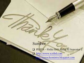 Sumber 
 PELITA – Fisika SMA Kelas XI Semester 2 
 http://www.scribd.com 
 http://irmachemistry.blogspot.com 
