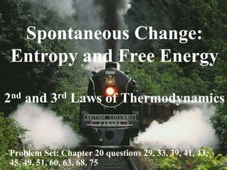 Spontaneous Change:
Entropy and Free Energy
2nd and 3rd Laws of Thermodynamics
Problem Set: Chapter 20 questions 29, 33, 39, 41, 43,
45, 49, 51, 60, 63, 68, 75
 