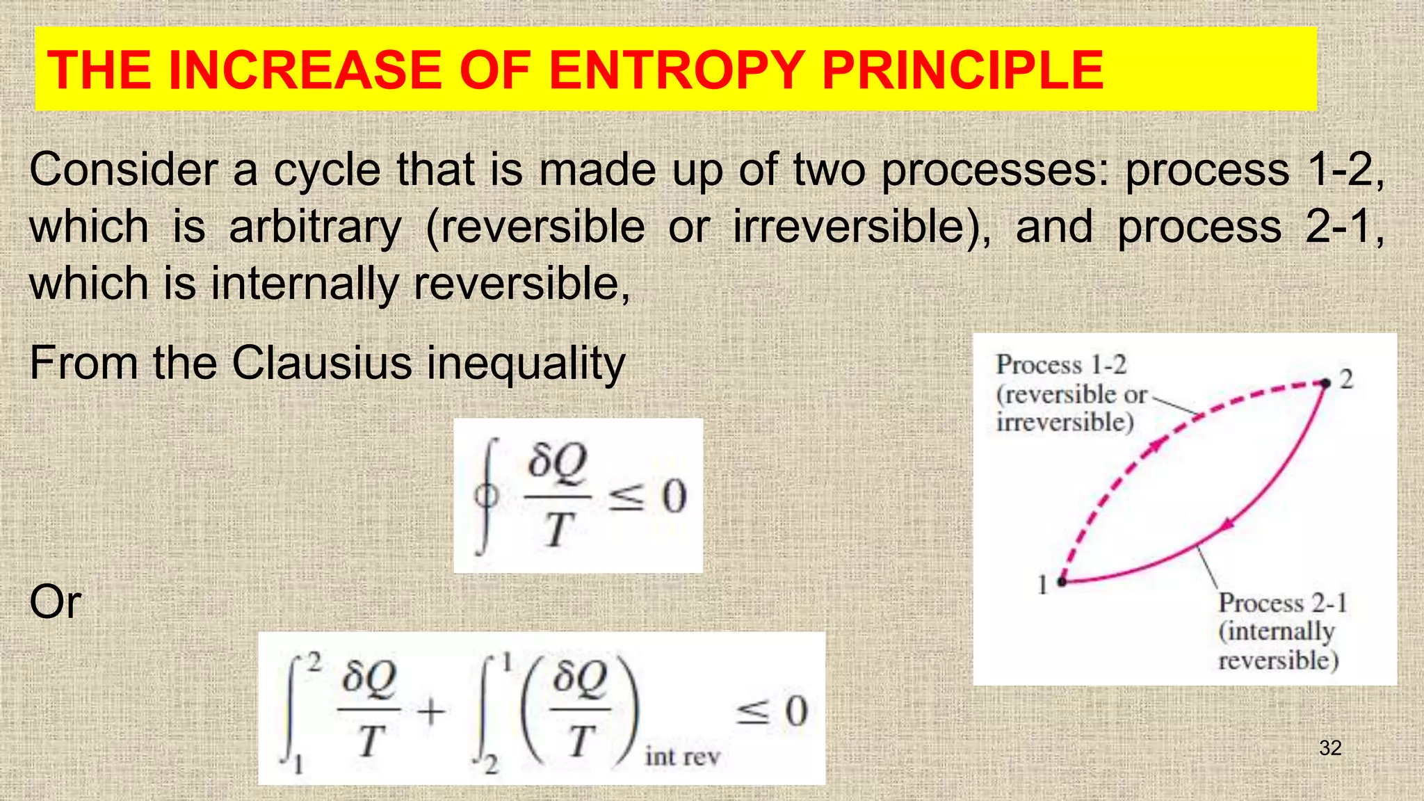 THE INCREASE OF ENTROPY PRINCIPLE
Consider a cycle that is made up of two processes: process 1-2,
which is arbitrary (reversible or irreversible), and process 2-1,
which is internally reversible,
From the Clausius inequality
Or
32
 