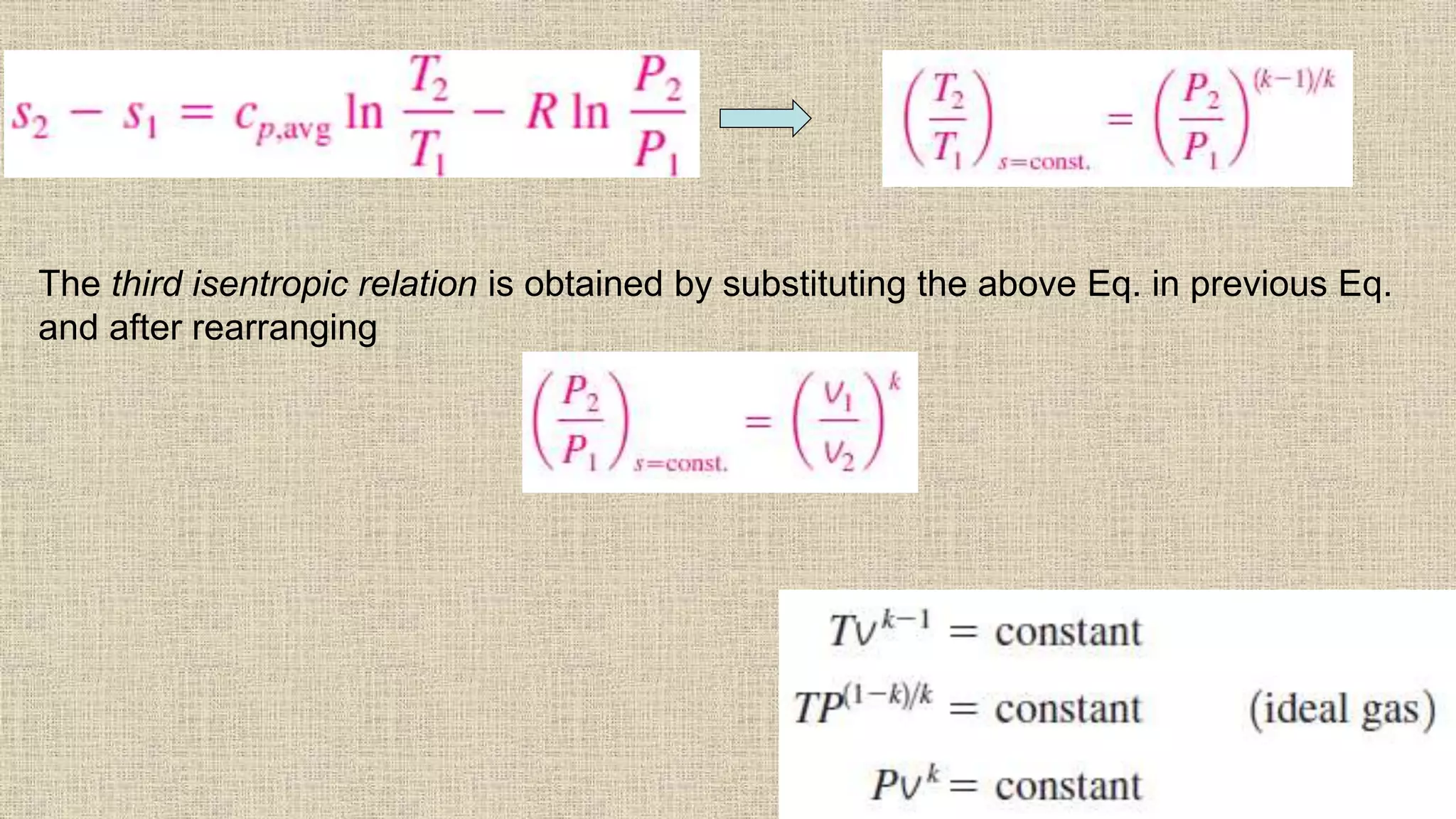 63
The third isentropic relation is obtained by substituting the above Eq. in previous Eq.
and after rearranging
 