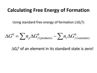Calculating Free Energy of Formation
Using standard free energy of formation (Gf
0):
0 0 0
(products) (reactants)
p f r f
G n G n G
    
 
Gf
0 of an element in its standard state is zero!
 