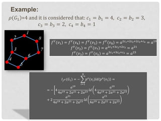 Example:
)𝜌(𝐺1 =4 and it is considered that: 𝑐1 = 𝑏1 = 4, 𝑐2 = 𝑏2 = 3,
𝑐3 = 𝑏3 = 2, 𝑐4 = 𝑏4 = 1
𝑓 𝑉(𝑣1) = 𝑓 𝑉(𝑣4) = 𝑓 𝑉(𝑣5) = 𝑓 𝑉(𝑣8) = 𝑎2𝑐1+2𝑐2+2𝑐3+𝑐4 = 𝑎19
𝑓 𝑉
(𝑣2) = 𝑓 𝑉
(𝑣7) = 𝑎2𝑐1+3𝑐2+2𝑐3 = 𝑎21
𝑓 𝑉
(𝑣3) = 𝑓 𝑉
(𝑣6) = 𝑎3𝑐1+3𝑐2+𝑐3 = 𝑎23
𝐼 𝑓 𝑉(𝐺1) = −
𝑖=1
8
)𝑝 𝑣
(𝑣𝑖)𝑙𝑑(𝑝 𝑣
(𝑣𝑖) =
= − 4
𝑎19
4𝑎19 + 2𝑎21 + 2𝑎23
𝑙𝑑 4
𝑎19
4𝑎19 + 2𝑎21 + 2𝑎23
+ 2
𝑎21
4𝑎19 + 2𝑎21 + 2𝑎23
𝑙𝑑
𝑎21
4𝑎19 + 2𝑎21 + 2𝑎23
 
