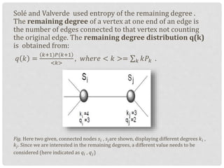 Solé and Valverde used entropy of the remaining degree .
The remaining degree of a vertex at one end of an edge is
the number of edges connected to that vertex not counting
the original edge. The remaining degree distribution q(k)
is obtained from:
𝑞 𝑘 =
𝑘+1)𝑃(𝑘+1
<𝑘>
, 𝑤ℎ𝑒𝑟𝑒 < 𝑘 >= 𝑘 𝑘𝑃𝑘 .
Fig. Here two given, connected nodes 𝑠𝑖 , 𝑠𝑗are shown, displaying different degrees 𝑘𝑖 ,
𝑘𝑗. Since we are interested in the remaining degrees, a different value needs to be
considered (here indicated as 𝑞𝑖 , 𝑞𝑗)
 