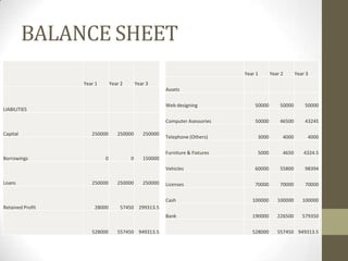 BALANCE SHEET
Year 1 Year 2 Year 3
Assets
Web designing 50000 50000 50000
Computer Asessories 50000 46500 43245
Telephone (Others) 3000 4000 4000
Furniture & Fixtures 5000 4650 4324.5
Vehicles 60000 55800 98394
Licenses 70000 70000 70000
Cash 100000 100000 100000
Bank 190000 226500 579350
528000 557450 949313.5
Year 1 Year 2 Year 3
LIABILITIES
Capital 250000 250000 250000
Borrowings 0 0 150000
Loans 250000 250000 250000
Retained Profit 28000 57450 299313.5
528000 557450 949313.5
 