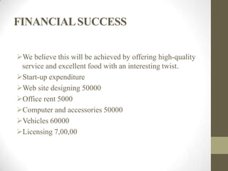 FINANCIALSUCCESS
We believe this will be achieved by offering high-quality
service and excellent food with an interesting twist.
Start-up expenditure
Web site designing 50000
Office rent 5000
Computer and accessories 50000
Vehicles 60000
Licensing 7,00,00
 