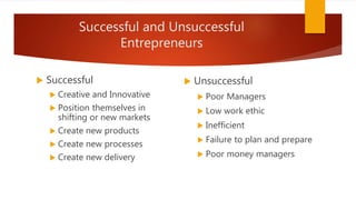 Successful and Unsuccessful
Entrepreneurs
 Successful
 Creative and Innovative
 Position themselves in
shifting or new markets
 Create new products
 Create new processes
 Create new delivery
 Unsuccessful
 Poor Managers
 Low work ethic
 Inefficient
 Failure to plan and prepare
 Poor money managers
 
