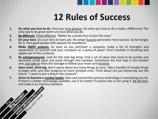 12 Rules of Success
1.   Do what you love to do. Find your true passion. Do what you love to do a make a difference! The
     only way to do great work is to love what you do.
2.   Be different. Think different. "Better be a pirate than to join the navy."
3.   Do your best. Do your best at every job. No sleep! Success generates more success. So be hungry
     for it. Hire good people with passion for excellence.
4.   Make SWOT analysis. As soon as you join/start a company, make a list of strengths and
     weaknesses of yourself and your company on a piece of paper. Don't hesitate in throwing bad
     apples out of the company.
5.   Be entrepreneurial. Look for the next big thing. Find a set of ideas that need to be quickly and
     decisively acted upon and jump through that window. Sometimes the first step is the hardest
     one. Just take it! Have the courage to follow your heart and intuition.
6.   Start small, think big. Don't worry about too many things at once. Take a handful of simple things
     to begin with, and then progress to more complex ones. Think about not just tomorrow, but the
     future. "I want to put a ding in the universe”.
7.   Strive to become a market leader. Own and control the primary technology in everything you do.
     If there's a better technology available, use it no matter if anyone else is not using it. Be the first,
     and make it an industry standard.
 