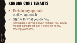 KANBAN CORE TENANTS
• Evolutionary approach
additive approach
• Start with what you do now
(except add a service delivery manager hat, service
request manager hat, and a whole pile of new
meetings/cadences)
 