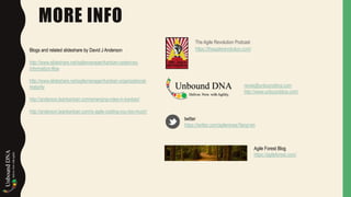 The Agile Revolution Podcast
https://theagilerevolution.com/
MORE INFO
Agile Forest Blog
https://agileforest.com/
twitter
https://twitter.com/agilerenee?lang=en
renee@unbounddna.com
http://www.unbounddna.com/
Blogs and related slideshare by David J Anderson
http://www.slideshare.net/agilemanager/kanban-cadences-
information-flow
http://www.slideshare.net/agilemanager/kanban-organizational-
maturity
http://anderson.leankanban.com/emerging-roles-in-kanban/
http://anderson.leankanban.com/is-agile-costing-you-too-much/
 