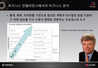 통계, 예측, 최적화를 기반으로 향상된 계획과 의사결정 등을 지원하
기 위해 정보를 지식 수준의 형태로 변환하는 프로세스와 도구


                       Thomas H. Davenport and Jeanne G. Harris
 