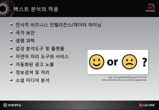 전사적 비즈니스 인텔리전스/데이터 마이닝
국가 보안
생명 과학
감성 분석도구 및 플랫폼
자연어 처리 도구와 서비스
자동화된 광고 노출
정보검색 및 처리
                                http://www.greenbookblog.org/2012/01/02/
소셜 미디어 분석                from-sentiment-analysis-to-enterprise-applications/
 