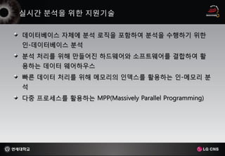데이터베이스 자체에 분석 로직을 포함하여 분석을 수행하기 위한
인-데이터베이스 분석
분석 처리를 위해 만들어진 하드웨어와 소프트웨어를 결합하여 활
용하는 데이터 웨어하우스
빠른 데이터 처리를 위해 메모리의 인덱스를 활용하는 인-메모리 분
석
다중 프로세스를 활용하는 MPP(Massively Parallel Programming)
 