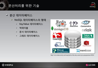 분산 데이터베이스
 NoSQL 데이터베이스의 형태
   Key/Value 데이터베이스
   빅테이블
   문서 데이터베이스
   그래프 데이터베이스




                      http://www.dataversity.net/nosql-job-of-the-day-senior-java-programmer/4026/
 
