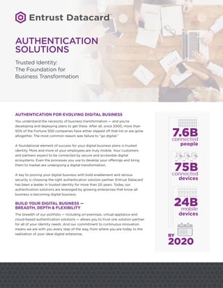 AUTHENTICATION
SOLUTIONS
Trusted Identity:
The Foundation for
Business Transformation
AUTHENTICATION FOR EVOLVING DIGITAL BUSINESS
You understand the necessity of business transformation — and you’re
developing and deploying plans to get there. After all, since 2000, more than
50% of the Fortune 500 companies have either slipped off that list or are gone
altogether. The most common reason was failure to “go digital.”
A foundational element of success for your digital business plans is trusted
identity. More and more of your employees are truly mobile. Your customers
and partners expect to be connected by secure and accessible digital
ecosystems. Even the processes you use to develop your offerings and bring
them to market are undergoing a digital transformation.
A key to proving your digital business with bold enablement and serious
security is choosing the right authentication solution partner. Entrust Datacard
has been a leader in trusted identity for more than 20 years. Today, our
authentication solutions are leveraged by growing enterprises that know all
business is becoming digital business.
BUILD YOUR DIGITAL BUSINESS —
BREADTH, DEPTH & FLEXIBILITY
The breadth of our portfolio — including on-premises, virtual appliance and
cloud-based authentication solutions — allows you to trust one solution partner
for all of your identity needs. And our commitment to continuous innovation
means we are with you every step of the way, from where you are today to the
realization of your ideal digital enterprise.
connected
7.6B
75B
2020
BY
mobile
24B
connected
people
devices
devices
 