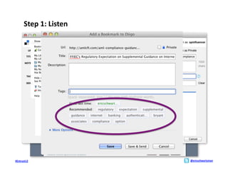 Step	
  1:	
  Listen	
  

                              Bookmark	
  Here	
  




                           Build	
  Contact	
  Lists	
  




#Entrust12	
                                               @ericschwartzman	
  
 