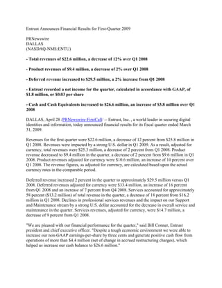 Entrust Announces Financial Results for First-Quarter 2009

PRNewswire
DALLAS
(NASDAQ-NMS:ENTU)

- Total revenues of $22.6 million, a decrease of 12% over Q1 2008

- Product revenues of $9.4 million, a decrease of 2% over Q1 2008

- Deferred revenue increased to $29.5 million, a 2% increase from Q1 2008

- Entrust recorded a net income for the quarter, calculated in accordance with GAAP, of
$1.8 million, or $0.03 per share

- Cash and Cash Equivalents increased to $26.6 million, an increase of $3.8 million over Q1
2008

DALLAS, April 28 /PRNewswire-FirstCall/ -- Entrust, Inc. , a world leader in securing digital
identities and information, today announced financial results for its fiscal quarter ended March
31, 2009.

Revenues for the first quarter were $22.6 million, a decrease of 12 percent from $25.8 million in
Q1 2008. Revenues were impacted by a strong U.S. dollar in Q1 2009. As a result, adjusted for
currency, total revenues were $25.3 million, a decrease of 2 percent from Q1 2008. Product
revenue decreased to $9.4 million in the quarter, a decrease of 2 percent from $9.6 million in Q1
2008. Product revenues adjusted for currency were $10.6 million, an increase of 10 percent over
Q1 2008. The revenue figures, as adjusted for currency, are calculated based upon the actual
currency rates in the comparable period.

Deferred revenue increased 2 percent in the quarter to approximately $29.5 million versus Q1
2008. Deferred revenues adjusted for currency were $33.4 million, an increase of 16 percent
from Q1 2008 and an increase of 7 percent from Q4 2008. Services accounted for approximately
58 percent ($13.2 million) of total revenue in the quarter, a decrease of 18 percent from $16.2
million in Q1 2008. Declines in professional services revenues and the impact on our Support
and Maintenance stream by a strong U.S. dollar accounted for the decrease in overall service and
maintenance in the quarter. Services revenues, adjusted for currency, were $14.7 million, a
decrease of 9 percent from Q1 2008.

quot;We are pleased with our financial performance for the quarter,quot; said Bill Conner, Entrust
president and chief executive officer. quot;Despite a tough economic environment we were able to
increase our non-GAAP earnings-per-share by three cents and generate positive cash flow from
operations of more than $4.4 million (net of change in accrued restructuring charges), which
helped us increase our cash balance to $26.6 million.quot;
 