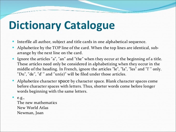 Catalogue Entry Format
