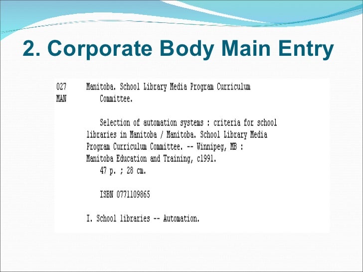 Catalogue Entry Format