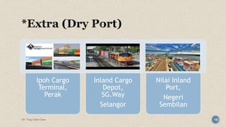 Ipoh Cargo 
Terminal, 
Perak 
Inland Cargo 
Depot, 
SG.Way 
Selangor 
Nilai Inland 
Port, 
Negeri 
Sembilan 
BY: Tnay Chee Chow 10 
 