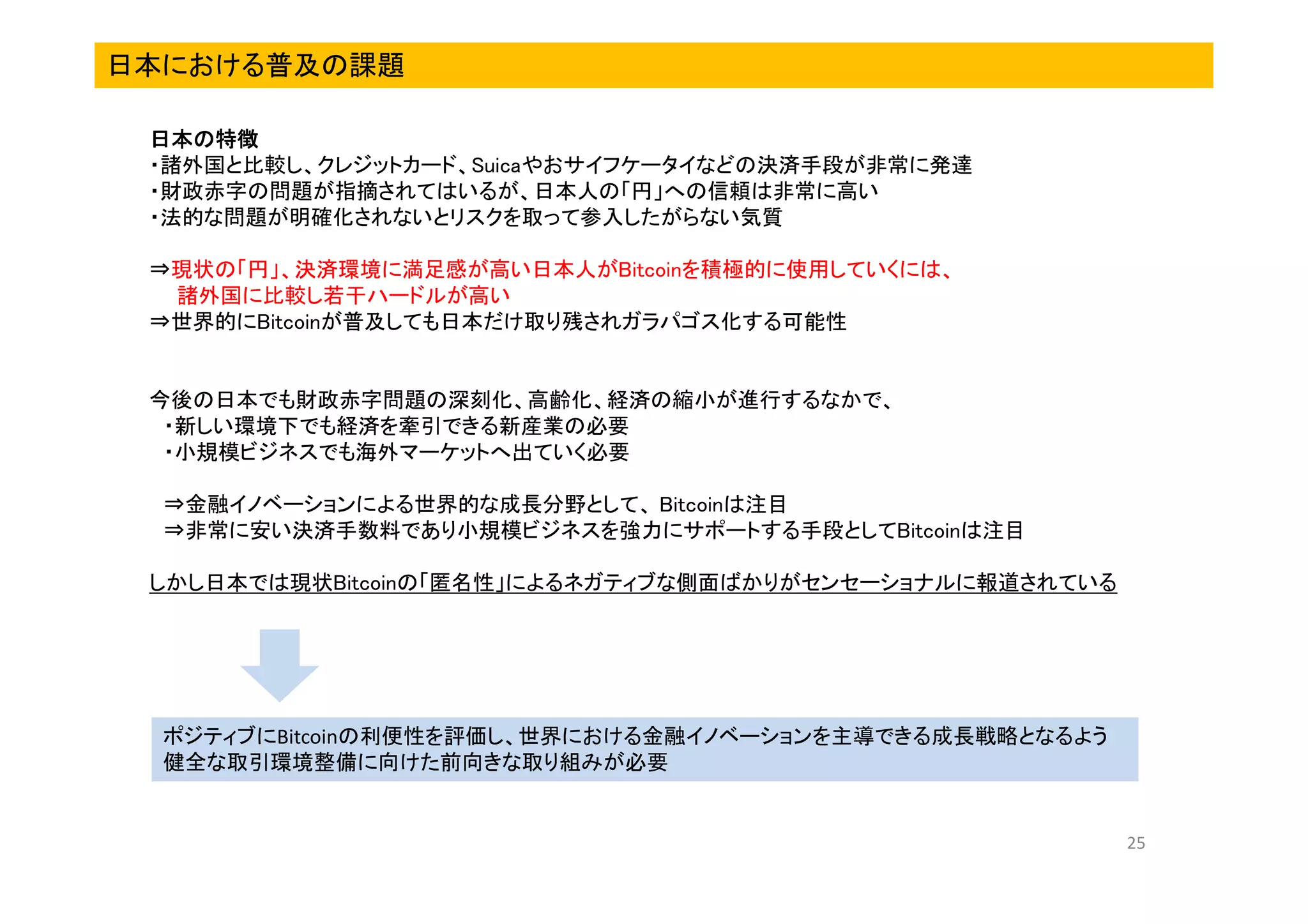 日本における普及の課題
日本の特徴
日本の特徴
・諸外国と比較し、クレジットカード、Suicaやおサイフケータイなどの決済手段が非常に発達
・財政赤字の問題が指摘されてはいるが、日本人の「円」への信頼は非常に高い
・法的な問題が明確化されないとリスクを取って参入したがらない気質
⇒現状の「円」、決済環境に満足感が高い日本人がBitcoinを積極的に使用していくには、
諸外国に比較し若干ハードルが高い
⇒世界的にBitcoinが普及しても日本だけ取り残されガラパゴス化する可能性

今後の日本でも財政赤字問題の深刻化、高齢化、経済の縮小が進行するなかで、
・新しい環境下でも経済を牽引できる新産業の必要
・小規模ビジネスでも海外マーケットへ出ていく必要
⇒金融イノベーションによる世界的な成長分野として、 Bitcoinは注目
⇒非常に安い決済手数料であり小規模ビジネスを強力にサポートする手段としてBitcoinは注目
しかし日本では現状Bitcoinの「匿名性」によるネガティブな側面ばかりがセンセーショナルに報道されている

ポジティブにBitcoinの利便性を評価し、世界における金融イノベーションを主導できる成長戦略となるよう
健全な取引環境整備に向けた前向きな取り組みが必要

25

 