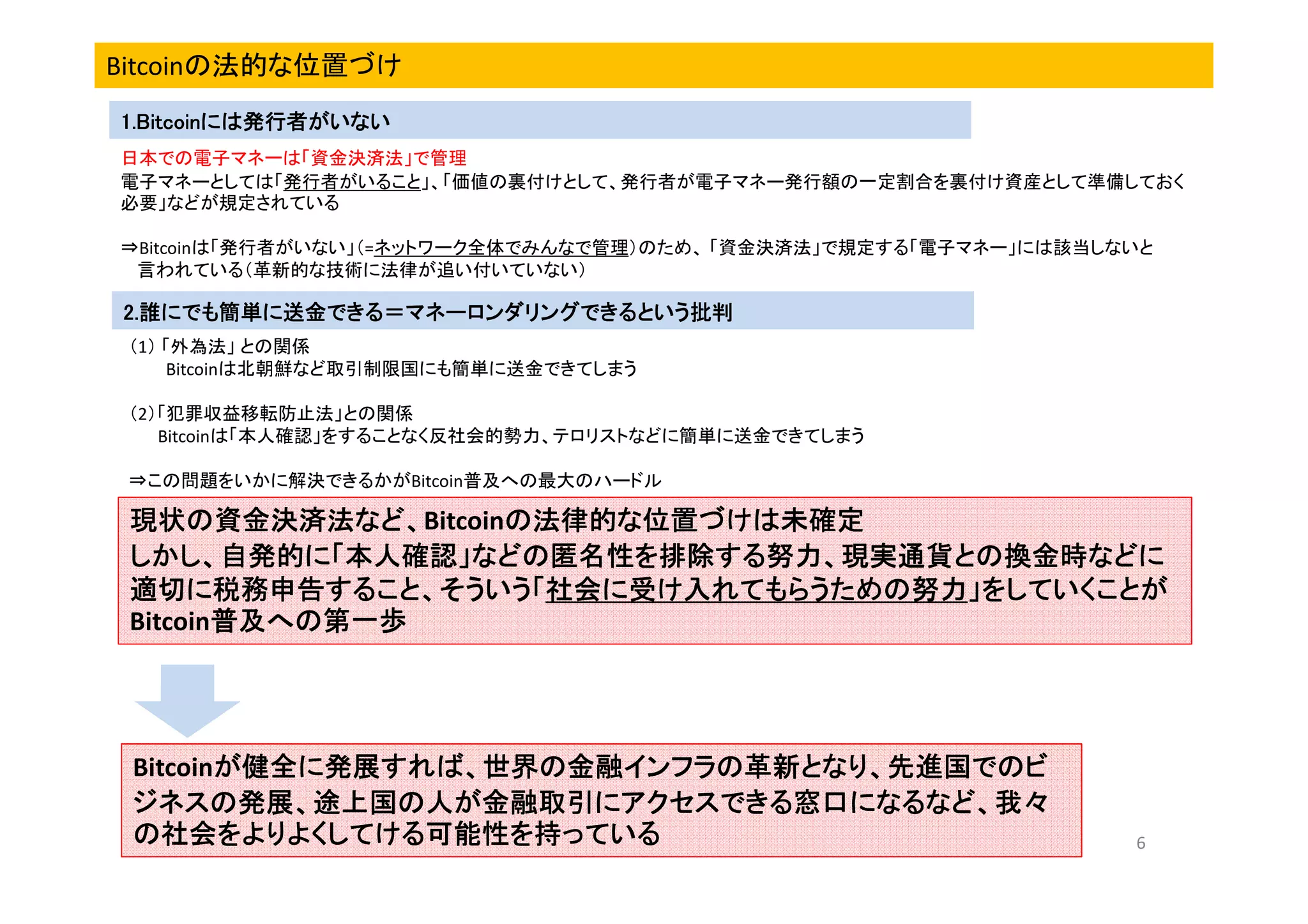 Bitcoinの法的な位置づけ
1.Bitcoinには発行者がいない
1.Bitcoinには発行者がいない
には
日本での電子マネーは「資金決済法」で管理
電子マネーとしては「発行者がいること」、「価値の裏付けとして、発行者が電子マネー発行額の一定割合を裏付け資産として準備しておく
必要」などが規定されている
⇒Bitcoinは「発行者がいない」（=ネットワーク全体でみんなで管理）のため、 「資金決済法」で規定する「電子マネー」には該当しないと
言われている（革新的な技術に法律が追い付いていない）

2.誰にでも簡単に送金できる＝マネーロンダリングできるという批判
2.誰にでも簡単に送金できる＝マネーロンダリングできるという批判
（1） 「外為法」 との関係
Bitcoinは北朝鮮など取引制限国にも簡単に送金できてしまう
（2）「犯罪収益移転防止法」との関係
Bitcoinは「本人確認」をすることなく反社会的勢力、テロリストなどに簡単に送金できてしまう
⇒この問題をいかに解決できるかがBitcoin普及への最大のハードル

現状の資金決済法など、
現状の資金決済法など、Bitcoinの法律的な位置づけは未確定
の資金決済法など、
の法律的な位置づけは未確定
しかし、自発的に「本人確認」などの匿名性を排除する努力、現実通貨との換金時などに
適切に税務申告すること、そういう「社会に受け入れてもらうための努力」をしていくことが
社会に受け入れてもらうための努力
適切に税務申告すること、そういう「社会に受け入れてもらうための努力」をしていくことが
Bitcoin普及への第一歩
普及への第一歩

Bitcoinが健全に発展すれば、世界の金融インフラの革新となり、先進国でのビ
が健全に発展すれば、世界の金融インフラの革新となり、先進国でのビ
ジネスの発展、途上国の人が金融取引にアクセスできる窓口になるなど、我々
の社会をよりよくしてける可能性を持っている

6

 