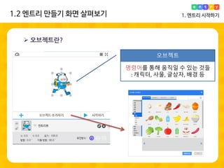  오브젝트란?
오브젝트
명령어를 통해 움직일 수 있는 것들
: 캐릭터, 사물, 글상자, 배경 등
1.2 엔트리 만들기 화면 살펴보기 1. 엔트리 시작하기
 