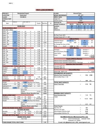 MBR 2
PROJECT FLOOR
LOCATION SPACE REFERENCE
CLIENT AREA ( SqFt)
CONSULTANT Height (Ft)
Date Volume (CuFt)
Estimate for
Design Conditions WB (F) RH (%)
ROOM HEAT Ambient 78 28
ROOM SENSIBLE HEAT Room 63.5 50
Solar Gain - Glass Difference 14.5 -22
Glass - N 24 SqFt x 23 F x 0.59 326
Glass - NE SqFt x 138 F x 0.59 0
Glass - E SqFt x 163 F x 0.59 0 By Pass Factor (BF) = 0.20
Glass - SE SqFt x 85 F x 0.59 0 Contact Factor (CF = 1 - BF) = 0.80
Glass - S SqFt x 14 F x 0.59 0
Glass - SW SqFt x 85 F x 0.59 0 CFM Per Person 2 No = 30 = 60
Glass - W 24 SqFt x 163 F x 0.59 2308 CFM Per SqFt 172 Sqft x 0.33 = 57
Glass - NW SqFt x 138 F x 0.59 0 Air Change Per Hour (CFM) = 1.5
Skylight SqFt x 251 F x 0.59 0 CFM Cu.ft 2,064 x 1.5 x1/60 = 52
Solar & Transmission Gain - Walls & Roof
Wall - N 133 SqFt x 15 F x 0.38 758 Swinging x cfm/door = -
Wall - NE SqFt x 27 F x 0.38 0 Revolving Doors (People) x cfm/door = -
Wall - E SqFt x 36 F x 0.38 0 Open Doors x cfm/door = -
Wall - SE SqFt x 30 F x 0.38 0 Crack (feet) 40 x 0.53 cfm/ft = 21.20
Wall - S SqFt x 27 F x 0.38 0 21.20
Wall - SW SqFt x 25 F x 0.38 0
Wall - W 134 SqFt x 23 F x 0.38 1171 Effective Room Sensible Heat Factor =
Wall - NW SqFt x 17 F x 0.38 0 Effective Room Sensible Heat/Eff Room Total Heat = 0.9331
Roof SqFt x 49 F x 0.38 0
Transmission Gain - Except Walls & Roof Indicated ADP (F) =
All Glass 48 SqFt x 30 F x 0.59 850 Selected ADP (F) = 55.0
Partition 315 SqFt x 25 F x 0.54 4253
Ceiling SqFt x F x 0 (Room DB - ADP) x CF = 16.80
Floor SqFt x F x 0 DEHUMIDIFIED AIR QUANTITY
INFILTRATION AND BY PASSED AIR Effective Room Sensible Heat = 914 CFM
Infiltration 21 CFM x 30 T.Diff x 1.08 687 Dehumidified Rise x 1.08
Ventillation 60 CFM x 30 T.Diff x BF x 1.08 389
Internal Heat = 430 L/s
People 2 Nos. x 245 Btu/Hour Per Person 490 TOTAL HEAT CAPACITY
Lighting 172 SqFt x 2.5 W/SqFt x 3.41 1466 Grand Total Heat = 1.70 TR
Lighting & S. P. SqFt x W/SqFt x 3.41
Equipment 0.70 kW x 3410 2387
Sub Total 15084
Factor 5-10% 1508
Effective Room Sensible Heat 16593 SENSIBLE HEAT CAPACITY
ROOM LATENT HEAT Grand Sensible Heat = 1.38 TR
Infiltration 21 CFM x 32 Gr/Lb x 0.68 461 12000
Outside Air 60 CFM x 32 Gr/Lb x BFx0.68 261 = 16.59 MBH
People 2 Nos. x 205 Btu/Hour Per Person 410
Sub Total 1132
Factor 2.5 - 5% 57 = 4.85 kW
Effective Room Latent Heat 1189 Check Figures:
EFFECTIVE ROOM TOTAL HEAT 17782 SqFt Per TR = 101
OUTSIDE AIR HEAT Btu/Hour Per SqFt = 118
Sensible 60 CFM x 30 F(TD) x CF x 1.08 1555 Dehumidified CFM Per SqFt = 5.32
Latent 60 CFM x 32 Gr/Lb x CF x 0.68 1044 Dehumidified CFM Per TR = 538
OUTSIDE AIR TOTAL HEAT 2600
GRAND TOTAL HEAT 20381
Sub Total ECIL |
TONS=GRAND TOTAL HEAT/12000 1.70 E-mail: info @kgmech.com | URL: www.kgmech.com
Apparatus Dew Point (ADP)
Dehumidified Rise
KG MECH Electro-Mechanical Pvt. Ltd.
SANTHOSHNAGAR | MASAB TANK
Hyderbad, A.P, INDIA
30 32
CFM Ventilation
CFM Infiltration
Supply CFM from Machine
Summer
DB (F) SH Gr/Lb
106 100
76 68
Item
Area or Sun Gain or
Factor Btu/Hour W
KG MECH 172
12.000
2064
HEAT LOAD ESTIMATE
Residential Project Ground Floor
Hyderabad GF - 017
 