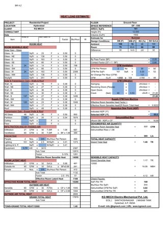 BR 4.2
PROJECT FLOOR
LOCATION SPACE REFERENCE
CLIENT AREA ( SqFt)
CONSULTANT Height (Ft)
Date Volume (CuFt)
Estimate for
Design Conditions WB (F) RH (%)
ROOM HEAT Ambient 78 28
ROOM SENSIBLE HEAT Room 63.5 50
Solar Gain - Glass Difference 14.5 -22
Glass - N SqFt x 23 F x 0.59 0
Glass - NE SqFt x 138 F x 0.59 0
Glass - E SqFt x 163 F x 0.59 0 By Pass Factor (BF) = 0.20
Glass - SE SqFt x 85 F x 0.59 0 Contact Factor (CF = 1 - BF) = 0.80
Glass - S 24 SqFt x 14 F x 0.59 198
Glass - SW SqFt x 85 F x 0.59 0 CFM Per Person 2 No = 30 = 60
Glass - W 24 SqFt x 163 F x 0.59 2308 CFM Per SqFt 161 Sqft x 0.33 = 53
Glass - NW SqFt x 138 F x 0.59 0 Air Change Per Hour (CFM) = 1.5
Skylight SqFt x 251 F x 0.59 0 CFM Cu.ft 1,932 x 1.5 x1/60 = 48
Solar & Transmission Gain - Walls & Roof
Wall - N SqFt x 15 F x 0.38 0 Swinging x cfm/door = -
Wall - NE SqFt x 27 F x 0.38 0 Revolving Doors (People) x cfm/door = -
Wall - E SqFt x 36 F x 0.38 0 Open Doors x cfm/door = -
Wall - SE SqFt x 30 F x 0.38 0 Crack (feet) 40 x 0.53 cfm/ft = 21.20
Wall - S 137 SqFt x 27 F x 0.38 1406 21.20
Wall - SW SqFt x 25 F x 0.38 0
Wall - W 120 SqFt x 23 F x 0.38 1049 Effective Room Sensible Heat Factor =
Wall - NW SqFt x 17 F x 0.38 0 Effective Room Sensible Heat/Eff Room Total Heat = 0.9222
Roof SqFt x 49 F x 0.38 0
Transmission Gain - Except Walls & Roof Indicated ADP (F) =
All Glass 48 SqFt x 30 F x 0.59 850 Selected ADP (F) = 55.0
Partition 124 SqFt x 25 F x 0.54 1674
Ceiling SqFt x F x 0 (Room DB - ADP) x CF = 16.80
Floor SqFt x F x 0 DEHUMIDIFIED AIR QUANTITY
INFILTRATION AND BY PASSED AIR Effective Room Sensible Heat = 777 CFM
Infiltration 21 CFM x 30 T.Diff x 1.08 687 Dehumidified Rise x 1.08
Ventillation 60 CFM x 30 T.Diff x BF x 1.08 389
Internal Heat = 365 L/s
People 2 Nos. x 245 Btu/Hour Per Person 490 TOTAL HEAT CAPACITY
Lighting 161 SqFt x 2.5 W/SqFt x 3.41 1373 Grand Total Heat = 1.49 TR
Lighting & S. P. SqFt x W/SqFt x 3.41
Equipment 0.70 kW x 3410 2387
Sub Total 12810
Factor 5-10% 1281
Effective Room Sensible Heat 14090 SENSIBLE HEAT CAPACITY
ROOM LATENT HEAT Grand Sensible Heat = 1.17 TR
Infiltration 21 CFM x 32 Gr/Lb x 0.68 461 12000
Outside Air 60 CFM x 32 Gr/Lb x BFx0.68 261 = 14.09 MBH
People 2 Nos. x 205 Btu/Hour Per Person 410
Sub Total 1132
Factor 2.5 - 5% 57 = 4.12 kW
Effective Room Latent Heat 1189 Check Figures:
EFFECTIVE ROOM TOTAL HEAT 15280 SqFt Per TR = 108
OUTSIDE AIR HEAT Btu/Hour Per SqFt = 111
Sensible 60 CFM x 30 F(TD) x CF x 1.08 1555 Dehumidified CFM Per SqFt = 4.82
Latent 60 CFM x 32 Gr/Lb x CF x 0.68 1044 Dehumidified CFM Per TR = 521
OUTSIDE AIR TOTAL HEAT 2600
GRAND TOTAL HEAT 17879
Sub Total ECIL |
TONS=GRAND TOTAL HEAT/12000 1.49
HEAT LOAD ESTIMATE
Residential Project Ground Floor
Hyderabad GF - 036
KG MECH 161
12.000
1932
Item
Area or Sun Gain or
Factor Btu/Hour W
Summer
DB (F) SH Gr/Lb
106 100
76 68
30 32
CFM Ventilation
CFM Infiltration
Supply CFM from Machine
E-mail: info @kgmech.com | URL: www.kgmech.com
Apparatus Dew Point (ADP)
Dehumidified Rise
KG MECH Electro-Mechanical Pvt. Ltd.
SANTHOSHNAGAR | MASAB TANK
Hyderbad, A.P, INDIA
 