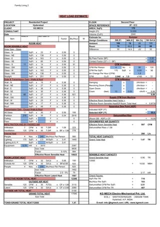Family Living 2
PROJECT FLOOR
LOCATION SPACE REFERENCE
CLIENT AREA ( SqFt)
CONSULTANT Height (Ft)
Date Volume (CuFt)
Estimate for
Design Conditions WB (F) RH (%)
ROOM HEAT Ambient 78 28
ROOM SENSIBLE HEAT Room 63.5 50
Solar Gain - Glass Difference 14.5 -22
Glass - N SqFt x 23 F x 0.59 0
Glass - NE SqFt x 138 F x 0.59 0
Glass - E SqFt x 163 F x 0.59 0 By Pass Factor (BF) = 0.20
Glass - SE SqFt x 85 F x 0.59 0 Contact Factor (CF = 1 - BF) = 0.80
Glass - S 11 SqFt x 14 F x 0.59 91
Glass - SW SqFt x 85 F x 0.59 0 CFM Per Person 4 No = 30 = 120
Glass - W SqFt x 163 F x 0.59 0 CFM Per SqFt 170 Sqft x 0.33 = 56
Glass - NW SqFt x 138 F x 0.59 0 Air Change Per Hour (CFM) = 1.5
Skylight SqFt x 251 F x 0.59 0 CFM Cu.ft 2,040 x 1.5 x1/60 = 51
Solar & Transmission Gain - Walls & Roof
Wall - N SqFt x 15 F x 0.38 0 Swinging x cfm/door = -
Wall - NE SqFt x 27 F x 0.38 0 Revolving Doors (People) x cfm/door = -
Wall - E SqFt x 36 F x 0.38 0 Open Doors x cfm/door = -
Wall - SE SqFt x 30 F x 0.38 0 Crack (feet) 13 x 0.53 cfm/ft = 6.89
Wall - S 80 SqFt x 27 F x 0.38 821 6.89
Wall - SW SqFt x 25 F x 0.38 0
Wall - W SqFt x 23 F x 0.38 0 Effective Room Sensible Heat Factor =
Wall - NW SqFt x 17 F x 0.38 0 Effective Room Sensible Heat/Eff Room Total Heat = 0.8735
Roof SqFt x 49 F x 0.38 0
Transmission Gain - Except Walls & Roof Indicated ADP (F) =
All Glass 11 SqFt x 30 F x 0.59 195 Selected ADP (F) = 55.0
Partition 216 SqFt x 25 F x 0.54 2916
Ceiling SqFt x F x 0 (Room DB - ADP) x CF = 16.80
Floor SqFt x F x 0 DEHUMIDIFIED AIR QUANTITY
INFILTRATION AND BY PASSED AIR Effective Room Sensible Heat = 597 CFM
Infiltration 7 CFM x 30 T.Diff x 1.08 223 Dehumidified Rise x 1.08
Ventillation 120 CFM x 30 T.Diff x BF x 1.08 778
Internal Heat = 280 L/s
People 4 Nos. x 245 Btu/Hour Per Person 980 TOTAL HEAT CAPACITY
Lighting 170 SqFt x 2.5 W/SqFt x 3.41 1449 Grand Total Heat = 1.47 TR
Lighting & S. P. SqFt x W/SqFt x 3.41
Equipment 0.70 kW x 3410 2387
Sub Total 9839
Factor 5-10% 984
Effective Room Sensible Heat 10823 SENSIBLE HEAT CAPACITY
ROOM LATENT HEAT Grand Sensible Heat = 0.90 TR
Infiltration 7 CFM x 32 Gr/Lb x 0.68 150 12000
Outside Air 120 CFM x 32 Gr/Lb x BFx0.68 522 = 10.82 MBH
People 4 Nos. x 205 Btu/Hour Per Person 820
Sub Total 1492
Factor 2.5 - 5% 75 = 3.17 kW
Effective Room Latent Heat 1567 Check Figures:
EFFECTIVE ROOM TOTAL HEAT 12390 SqFt Per TR = 116
OUTSIDE AIR HEAT Btu/Hour Per SqFt = 103
Sensible 120 CFM x 30 F(TD) x CF x 1.08 3110 Dehumidified CFM Per SqFt = 3.51
Latent 120 CFM x 32 Gr/Lb x CF x 0.68 2089 Dehumidified CFM Per TR = 407
OUTSIDE AIR TOTAL HEAT 5199
GRAND TOTAL HEAT 17590
Sub Total ECIL |
TONS=GRAND TOTAL HEAT/12000 1.47
HEAT LOAD ESTIMATE
Residential Project Second Floor
Hyderabad 2F - 013
KG MECH 170
12.000
2040
Item
Area or Sun Gain or
Factor Btu/Hour W
Summer
DB (F) SH Gr/Lb
106 100
76 68
30 32
CFM Ventilation
CFM Infiltration
Supply CFM from Machine
E-mail: info @kgmech.com | URL: www.kgmech.com
Apparatus Dew Point (ADP)
Dehumidified Rise
KG MECH Electro-Mechanical Pvt. Ltd.
SANTHOSHNAGAR | MASAB TANK
Hyderbad, A.P, INDIA
 