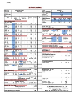 Kitchen 2
PROJECT FLOOR
LOCATION SPACE REFERENCE
CLIENT AREA ( SqFt)
CONSULTANT Height (Ft)
Date Volume (CuFt)
Estimate for
Design Conditions WB (F) RH (%)
ROOM HEAT Ambient 78 28
ROOM SENSIBLE HEAT Room 63.5 50
Solar Gain - Glass Difference 14.5 -22
Glass - N SqFt x 23 F x 0.59 0
Glass - NE SqFt x 138 F x 0.59 0
Glass - E SqFt x 163 F x 0.59 0 By Pass Factor (BF) = 0.20
Glass - SE SqFt x 85 F x 0.59 0 Contact Factor (CF = 1 - BF) = 0.80
Glass - S SqFt x 14 F x 0.59 0
Glass - SW SqFt x 85 F x 0.59 0 CFM Per Person 2 No = 30 = 60
Glass - W 8 SqFt x 163 F x 0.59 769 CFM Per SqFt 130 Sqft x 0.33 = 43
Glass - NW SqFt x 138 F x 0.59 0 Air Change Per Hour (CFM) = 10
Skylight SqFt x 251 F x 0.59 0 CFM Cu.ft 1,560 x 10.0 x1/60 = 260
Solar & Transmission Gain - Walls & Roof
Wall - N SqFt x 15 F x 0.38 0 Swinging x cfm/door = -
Wall - NE SqFt x 27 F x 0.38 0 Revolving Doors (People) x cfm/door = -
Wall - E SqFt x 36 F x 0.38 0 Open Doors x cfm/door = -
Wall - SE SqFt x 30 F x 0.38 0 Crack (feet) 12 x 0.53 cfm/ft = 6.36
Wall - S SqFt x 27 F x 0.38 0 6.36
Wall - SW SqFt x 25 F x 0.38 0
Wall - W 130 SqFt x 23 F x 0.38 1136 Effective Room Sensible Heat Factor =
Wall - NW SqFt x 17 F x 0.38 0 Effective Room Sensible Heat/Eff Room Total Heat = 0.9118
Roof 130 SqFt x 49 F x 0.66 4204
Transmission Gain - Except Walls & Roof Indicated ADP (F) =
All Glass 8 SqFt x 30 F x 0.59 142 Selected ADP (F) = 54.0
Partition1 274 SqFt x 25 F x 0.38 2603
Partition2 61 SqFt x 25 F x 0.54 824 (Room DB - ADP) x CF = 17.60
Floor SqFt x F x 0 DEHUMIDIFIED AIR QUANTITY
INFILTRATION AND BY PASSED AIR Effective Room Sensible Heat = 959 CFM
Infiltration 6 CFM x 30 T.Diff x 1.08 206 Dehumidified Rise x 1.08
Ventillation 260 CFM x 30 T.Diff x BF x 1.08 1685
Internal Heat = 451 L/s
People 2 Nos. x 245 Btu/Hour Per Person 490 TOTAL HEAT CAPACITY
Lighting 130 SqFt x 2.5 W/SqFt x 3.41 1108 Grand Total Heat = 2.61 TR
Lighting & S. P. SqFt x W/SqFt x 3.41
Equipment 1.00 kW x 3410 3410
Sub Total 16577
Factor 5-10% 1658
Effective Room Sensible Heat 18235 SENSIBLE HEAT CAPACITY
ROOM LATENT HEAT Grand Sensible Heat = 1.52 TR
Infiltration 6 CFM x 32 Gr/Lb x 0.68 138 12000
Outside Air 260 CFM x 32 Gr/Lb x BFx0.68 1132 = 18.23 MBH
People 2 Nos. x 205 Btu/Hour Per Person 410
Sub Total 1680
Factor 2.5 - 5% 84 = 5.33 kW
Effective Room Latent Heat 1764 Check Figures:
EFFECTIVE ROOM TOTAL HEAT 19999 SqFt Per TR = 50
OUTSIDE AIR HEAT Btu/Hour Per SqFt = 240
Sensible 260 CFM x 30 F(TD) x CF x 1.08 6739 Dehumidified CFM Per SqFt = 7.38
Latent 260 CFM x 32 Gr/Lb x CF x 0.68 4526 Dehumidified CFM Per TR = 368
OUTSIDE AIR TOTAL HEAT 11265
GRAND TOTAL HEAT 31264
Sub Total ECIL |
TONS=GRAND TOTAL HEAT/12000 2.61 E-mail: info @kgmech.com | URL: www.kgmech.com
Apparatus Dew Point (ADP)
Dehumidified Rise
KG MECH Electro-Mechanical Pvt. Ltd.
SANTHOSHNAGAR | MASAB TANK
Hyderbad, A.P, INDIA
30 32
CFM Ventilation
CFM Infiltration
Supply CFM from Machine
Summer
DB (F) SH Gr/Lb
106 100
76 68
Item
Area or
Quantity
Sun Gain or
Temp. Diff.
Factor Btu/Hour W
KG MECH 130
12.000
1560
HEAT LOAD ESTIMATE
Residential Project Roof Deck
Hyderabad RF - 014
 