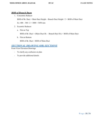 MOHAMMED ABDUL RAZZAK HVAC CLASS NOTES
P a g e 35 | 74
BOD of Branch Ducts
1. Concentric Reducer
BOD of Br. Duct = Main Duct Height – Branch Duct Height / 2 + BOD of Main Duct
Ex: 400 – 300 / 2 + 3000 = 3050 mm
2. Eccentric Reducer:
a. Flat on Top
BOD of Br. Duct = (Main Duct Ht. – Branch Duct Ht.) + BOD of Main Duct
b. Flat on Bottom
BOD of Br. Duct = BOD of Main Duct
SECTIONAL DRAWING (OR) SECTIONS
Front View Elevation Drawings
- To clarify any confusion on plan
- To provide additional details
 