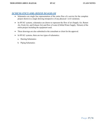 MOHAMMED ABDUL RAZZAK HVAC CLASS NOTES
P a g e 37 | 74
SCHEMATICS (OR) RISER DIAGRAM
 Schematics are single line representation of the entire flow of a service for the complete
project shown in a single drawing irrespective of any physical / civil variations.
 In HVAC systems, schematics are drawn to represent the flow of air (Supply Air, Return
Air, Fresh Air, and Exhaust Air) and flow of water (Chilled Water Supply / Return) of the
entire project including the equipment used.
 These drawings are also submitted to the consultant or client for the approval.
 In HVAC systems, there are two types of schematics:
a. Ducting Schematics
b. Piping Schematics
 