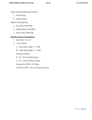 MOHAMMED ABDUL RAZZAK HVAC CLASS NOTES
P a g e 42 | 74
Types of Hoods (Based on Location)
a. Wall Canopy
b. Island Canopy
Based on Working Duty
a. Low Duty (100 CFM)
b. Medium Duty (150 CFM)
c. Heavy Duty (200 CFM)
Kitchen Hood Calculation:
1. Stove Size: l x w x h
2. L, W of Hood
L – Equivalent Length = l + 0.8h
W – Equivalent Width = w + 0.8h
Perimeter of Hood
P = 2L + W (for Wall Canopy)
P = 2L + 2W (for Island Canopy)
Exhaust Air (CFM) = P X Duty
Fresh Air (CFM) = 85% of Exhaust Air (EA)
 